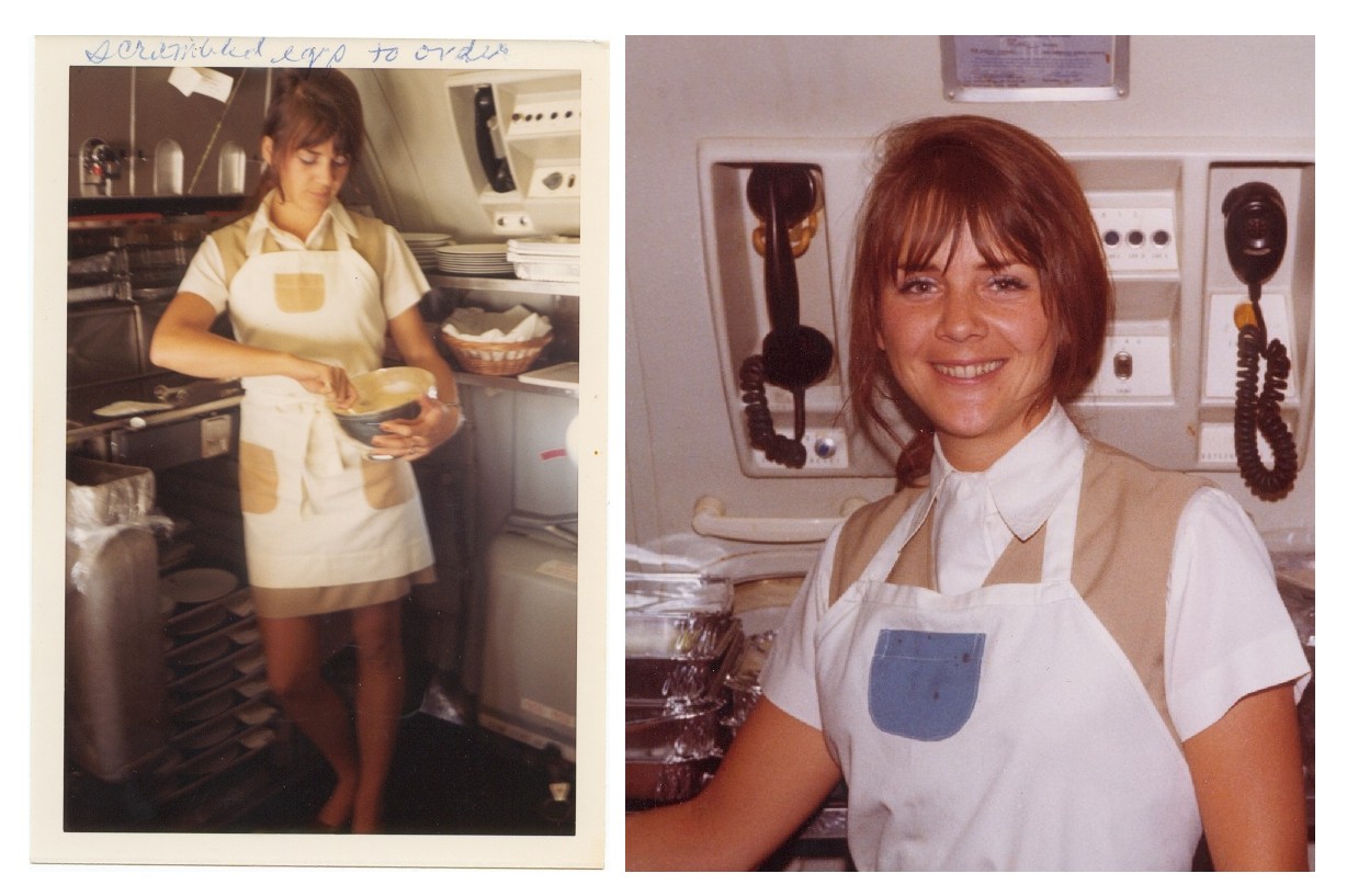 1970s On the left Susanne Malm prepares scrambled eggs in the galley of a Pan Am 707, on the right Susanne smiles for the camera in between her duties in the galley.